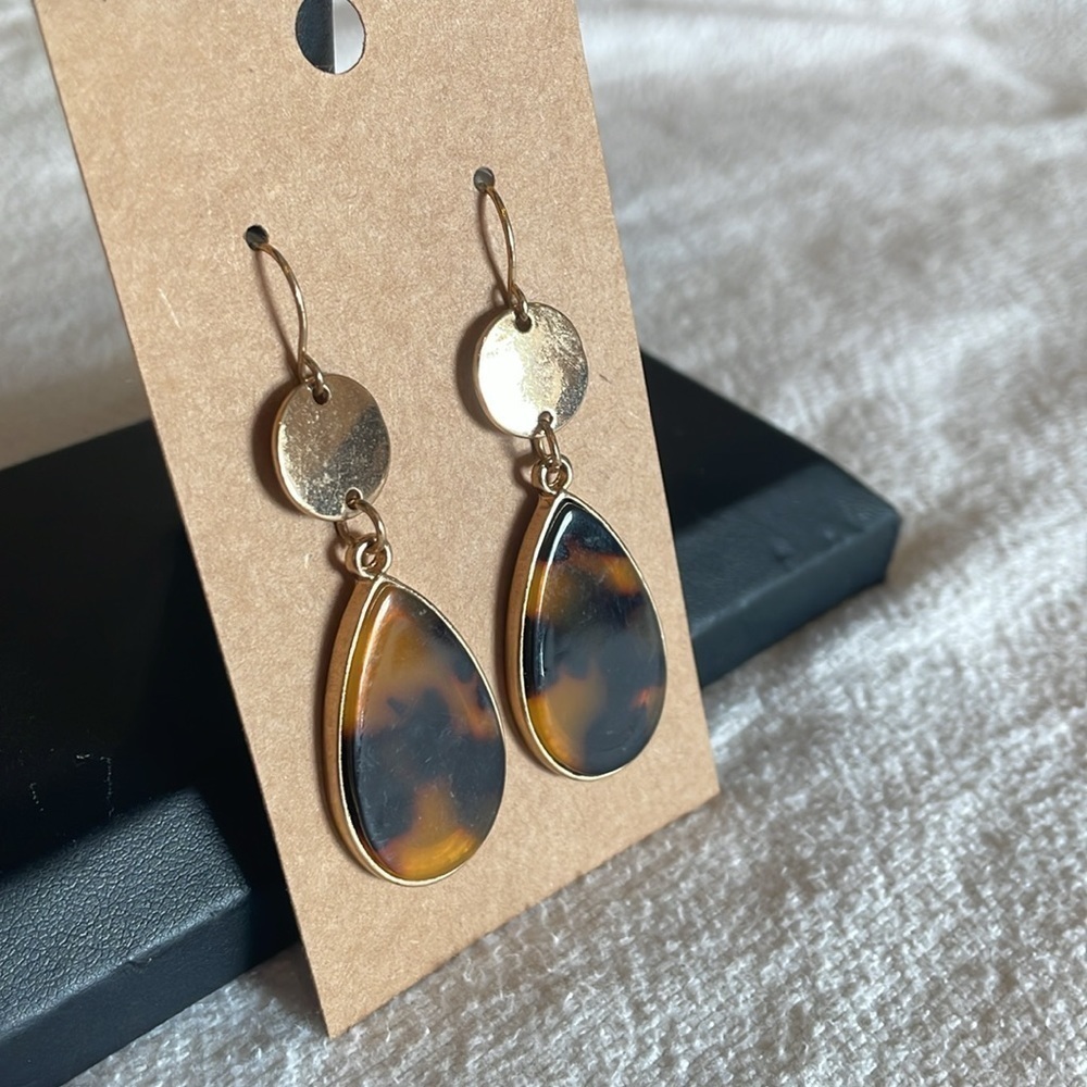 💐5/25 faux tortoise shell teardrop dangle drop statement earrings gold tone